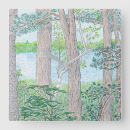 Sommar Sjö med Skogen Färgpenna Teckning Stor Klocka