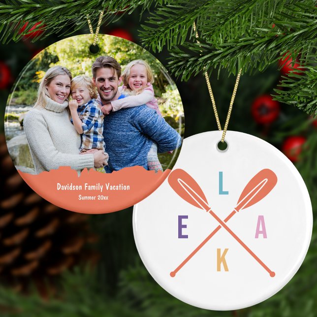 Sommar Sjö Paddles Anpassningsbar Text + Fotojul j Julgransprydnad Keramik (Add a photo and text for a special family vacation keepsake! Also available in green and red.)