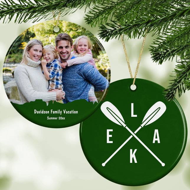 Sommar Sjö Paddles Text + Photo Grönt jul Julgransprydnad Keramik (This custom keepsake is also available in red and pastel pink colors.)