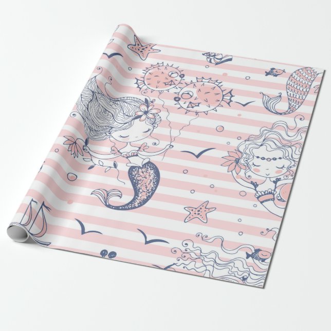 Sommar Sjöjungfru Flickor födelsedag under havet Presentpapper (Utrullad)