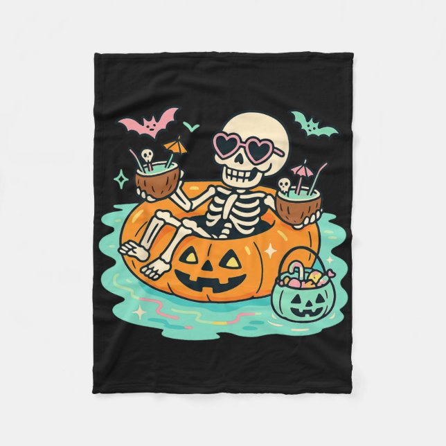 Sommar Skeleton i Pumpkin Flyt Cute Spooky Bassäng Fleecefilt (Framsidan)