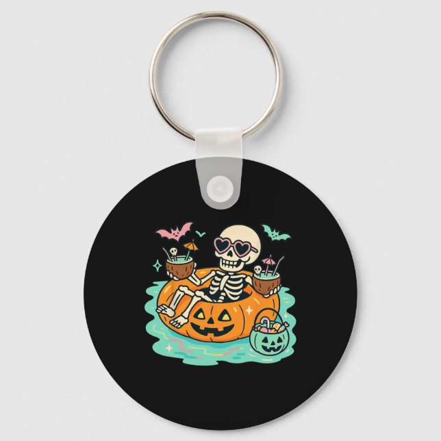 Sommar Skeleton i Pumpkin Flyt Cute Spooky Bassäng Nyckelring (Framsida)
