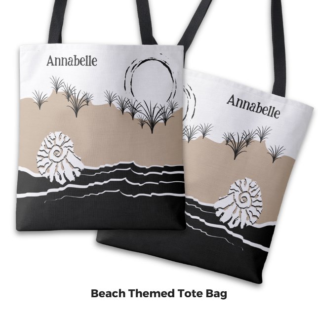 Sommar Solnedgång Dyn Sand Havsskal Namn Tygkasse (Summer Sunset Dune Sand Sea Shell Name Tote Bag)