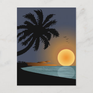 Sommar solnedgång illustration med palmer vykort