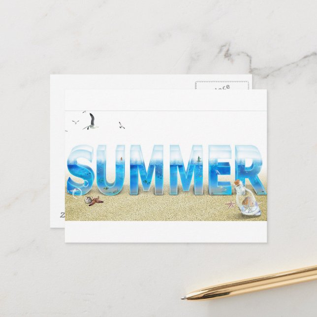 “Sommar Splash Strand vykort” Vykort (A postcard with the word "SUMMER" in large, three-dimensional letters filled with an ocean scene!)