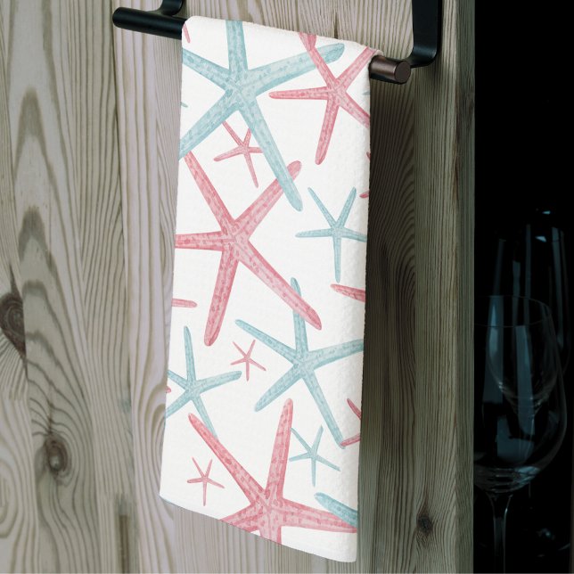 Sommar Starfish Elegant Beach Kökshandduk (Summer Teal Pink Nautical Starfish Beach House Kitchen Towel)