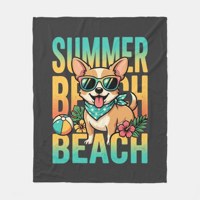 Sommar Strand Hund Semester Vektor Fleecefilt (Framsidan)