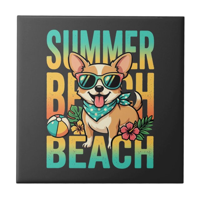 Sommar Strand Hund Semester Vektor Kakelplatta (Framsidan)