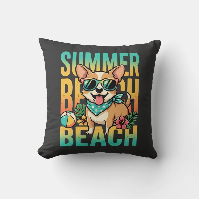 Sommar Strand Hund Semester Vektor Kudde (Framsida)