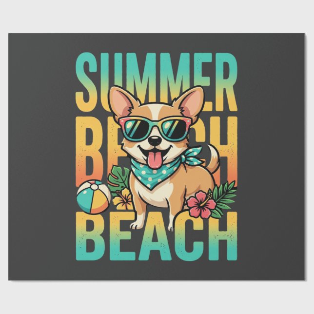 Sommar Strand Hund Semester Vektor Presentpapper (Platt)