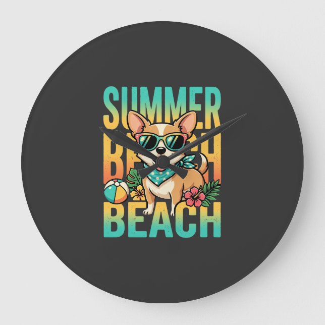 Sommar Strand Hund Semester Vektor Stor Klocka (Framsida)