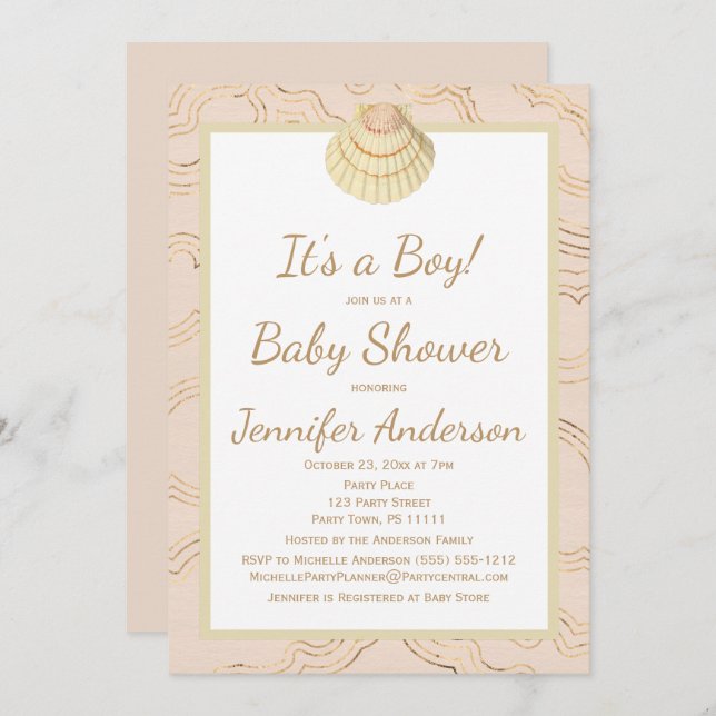 Sommar Strand Snigelskal Baby Shower Pojke Flicka Inbjudningar (Fram/baksida)