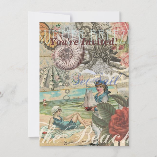 sommar strand vintage bläckfisk antikt segelfartyg inbjudningar (Framsida)