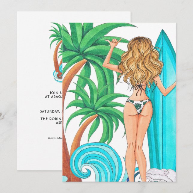 Sommar Surfa Beach Vacation Födelsedagsfest Invati Inbjudningar (Fram/baksida)