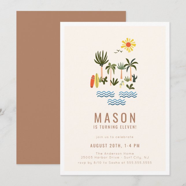 Sommar Surfa Födelsedagsfest inbjudan (Fram/baksida)