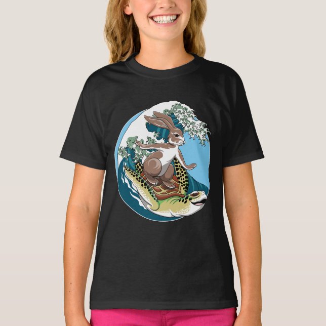Sommar Surfing - Sköldpadda och Kanin Illustration T Shirt (Framsida)
