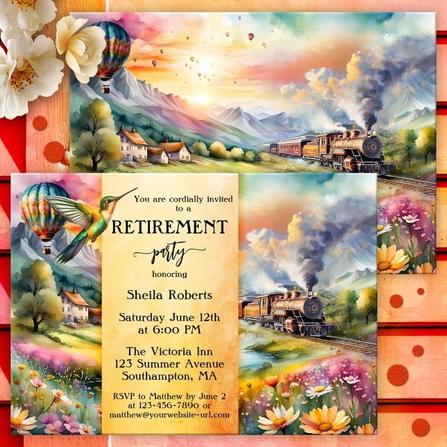 Sommar Tåg, vattenfärgsresa Pension Party Inbjudningar (Retirement invitation showing a watercolor painting of a summer landscape with a vintage steam train)
