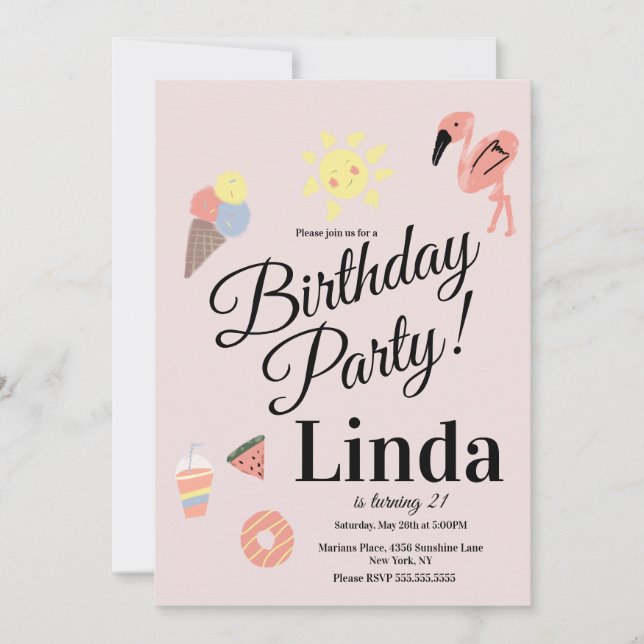 Sommar ThBäste Birthday Hand plockade Doodles Inbjudningar (Framsida)