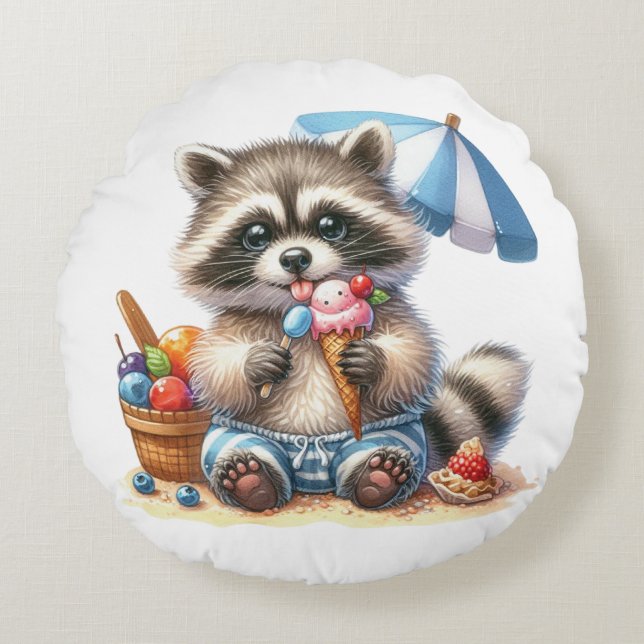 Sommar Treats Racoon Rund Kudde (Framsidan)