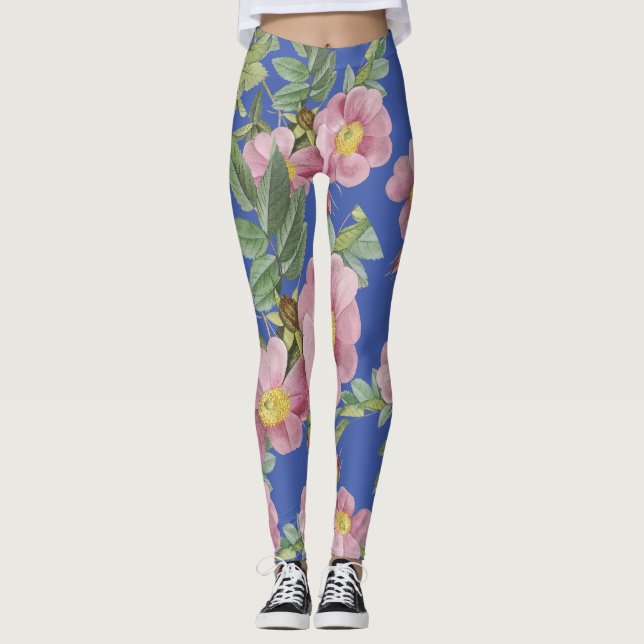 Sommar trendig blommönster boho blue rosa modern leggings (Framsida)