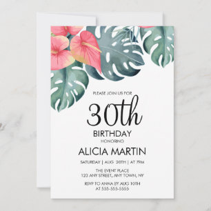 Sommar Tropical Anthurium & Monstera Birthday Inbjudningar