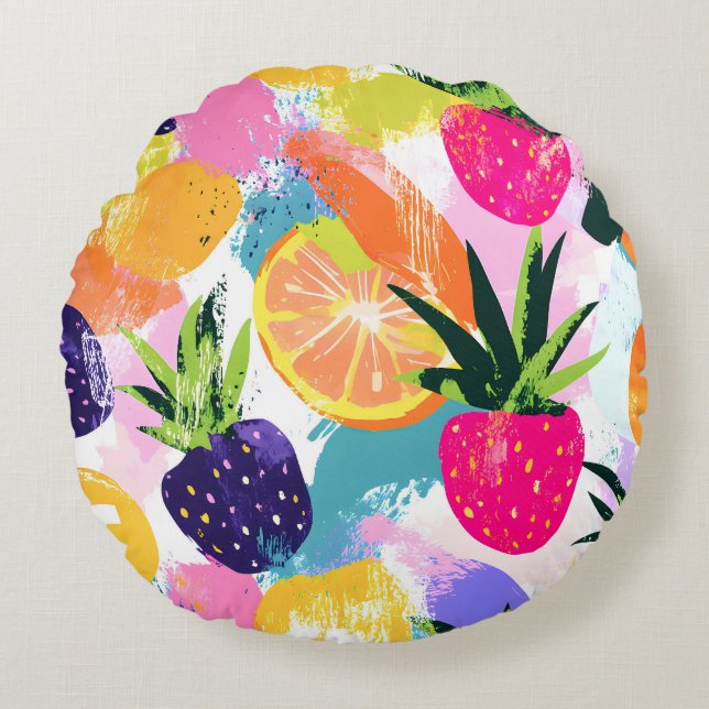 Sommar Tropical Fruit Fiesta Rund Kudde (Framsidan)
