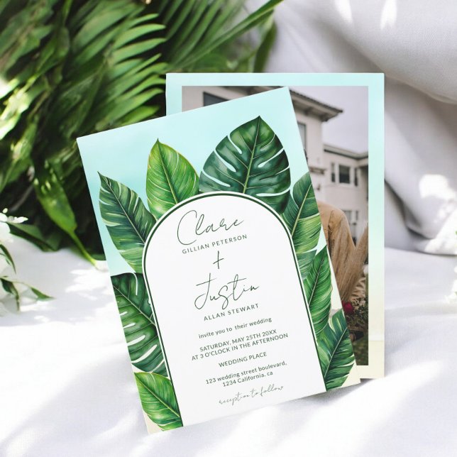 Sommar Tropical Grey Beach Wedding Photo Inbjudningar (Summer Tropical Greenery Beach Wedding Photo Invitation)