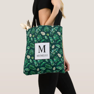 Sommar Tropical Handflatan löv Monogram och Namn Tygkasse
