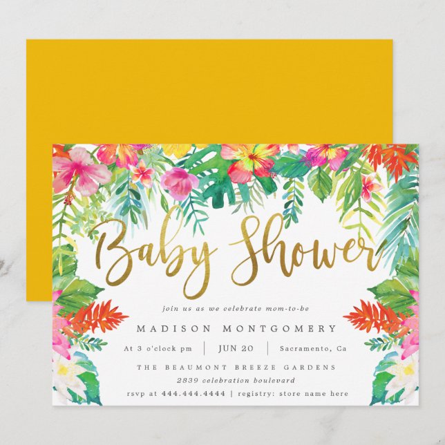 Sommar Tropical Hibiscus Foliage Guld Baby Shower Inbjudningar (Fram/baksida)