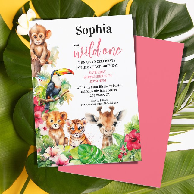 Sommar Tropical Jungle Hibiscus Vild En födelsedag Inbjudningar (wild one first birthday tropical cute animals
)