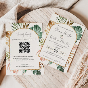 Sommar Tropical Löv Arch QR Code OSA Bröllop Inbjudningar
