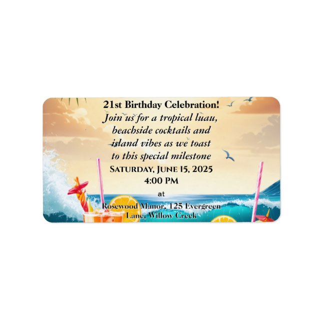 Sommar Tropical Luau Beach Party 21:a födelsedag Adressetikett (Framsidan)