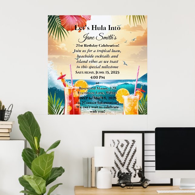Sommar Tropical Luau Beach Party 21:a födelsedag Poster (Hemmakontoret)