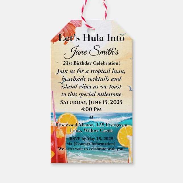 Sommar Tropical Luau Beach Party 21:a födelsedag Presentetikett (Framsidan)