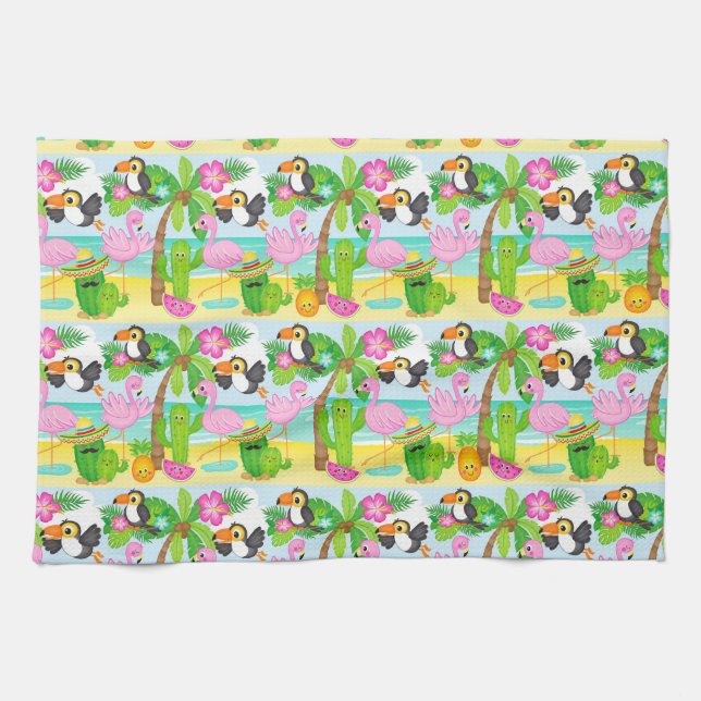 Sommar Tropical Toucan och Flamingo Pattern Kökshandduk (Horisontell)