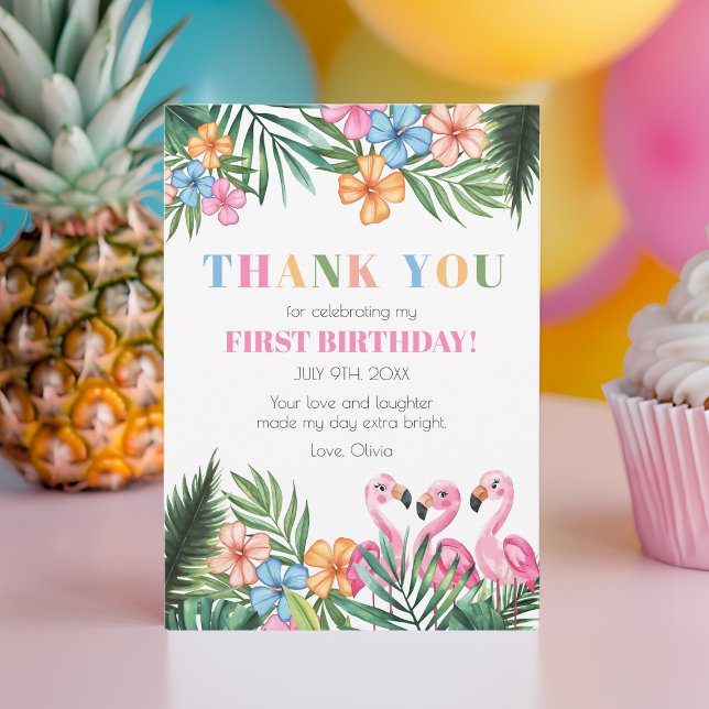 Sommar Tropisk Flamingo Barn Första 1:a Födelsedag Tack Kort (Summer Tropical Flamingo Kids First 1st Birthday Thank You Card)