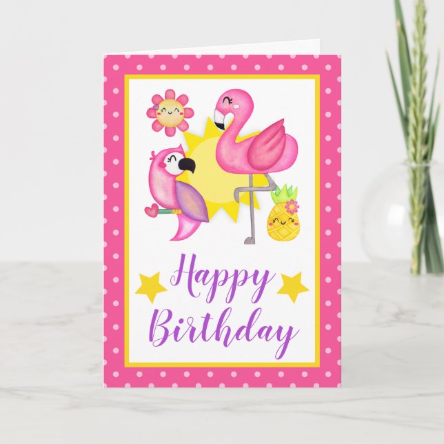 Sommar Tropisk Flamingo & Papegoja Födelsedag Kort (Framsida)