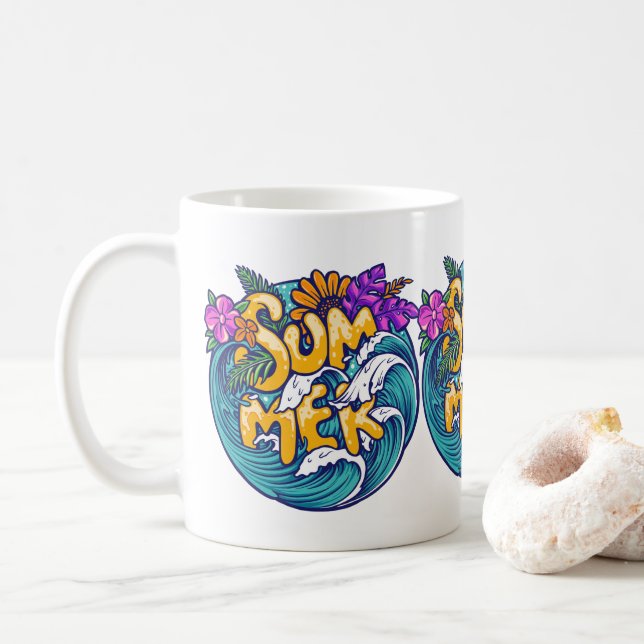 Sommar Tropiska Blommor Strand Havsvågor  Kaffemugg (Med munk)