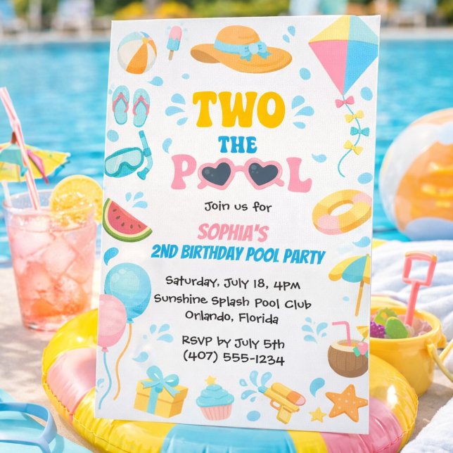Sommar Två Till Pool Party Flicka 2-årsdag Inbjudningar (Skapare uppladdad)