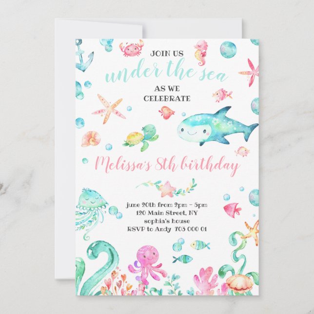 Sommar under Sea Watercolor Girl Birthday Inbjudningar (Framsida)