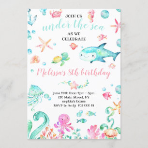 Sommar under Sea Watercolor Girl Birthday Inbjudningar