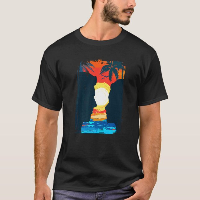 Sommar-Vacation Beach Handflatan Träd Retro Stil T Shirt (Framsida)