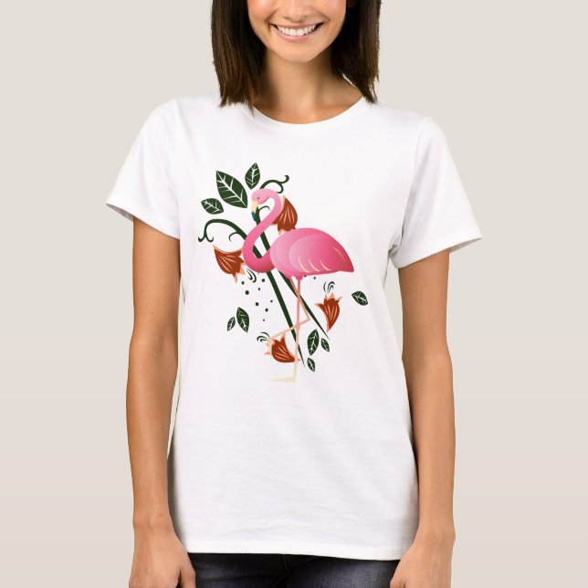 Sommar Vår blomma med Rosa Flamingo T Shirt (Framsida)
