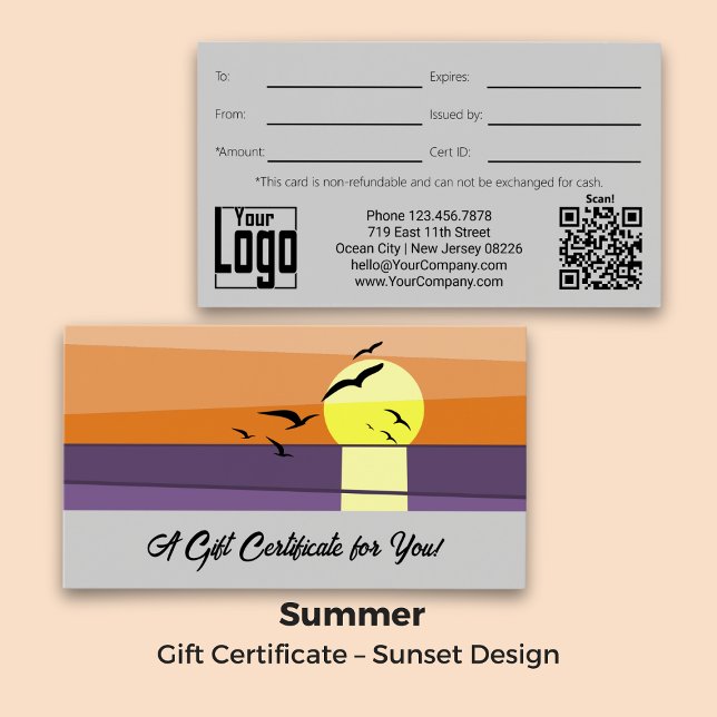 Sommar Varumärkesbyggande · Manus · Solnedgångspre Visitkort (Summer Branding · Script Text · Sunset Gift Certificate)