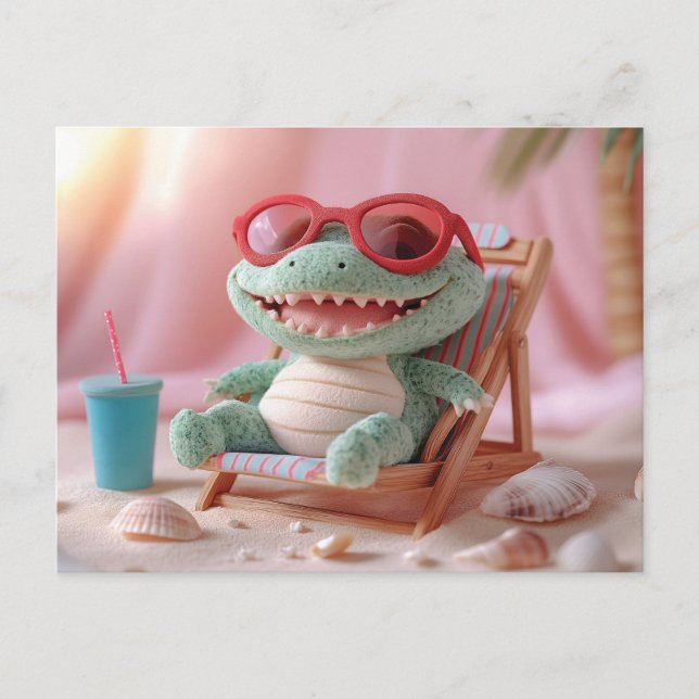 Sommar Vibes: Chillin'Plush Crokodile on Vacation Helg Vykort (Framsida)