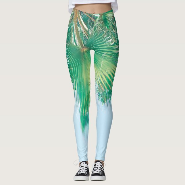 Sommar Vibes Handflatan Träd Löv Blek Grönt Leggings (Framsida)