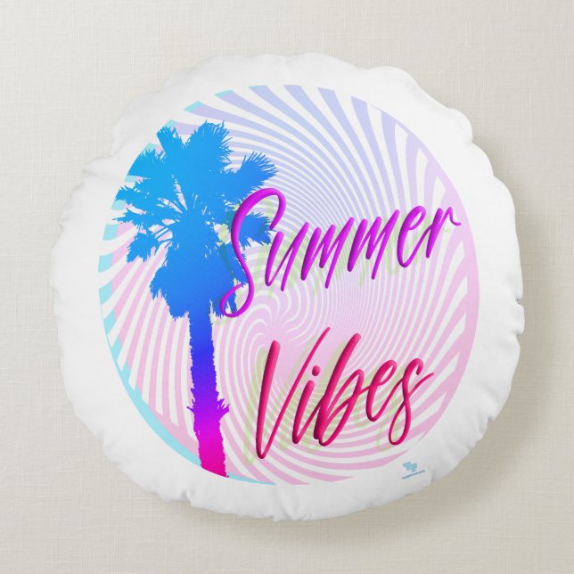 Sommar Vibes Neon Handflatan Träd Beach Lifestyle Rund Kudde (Framsidan)