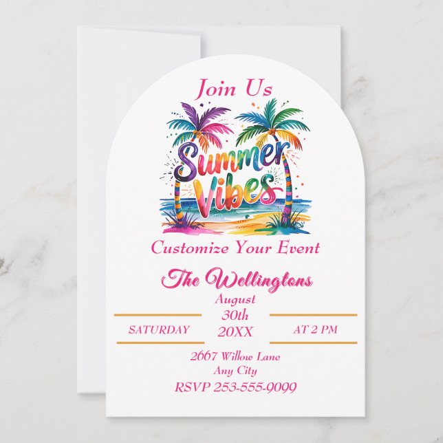 Sommar Vibes Tropical Handflatan Träd Ocean Custom Inbjudningar (Framsida)