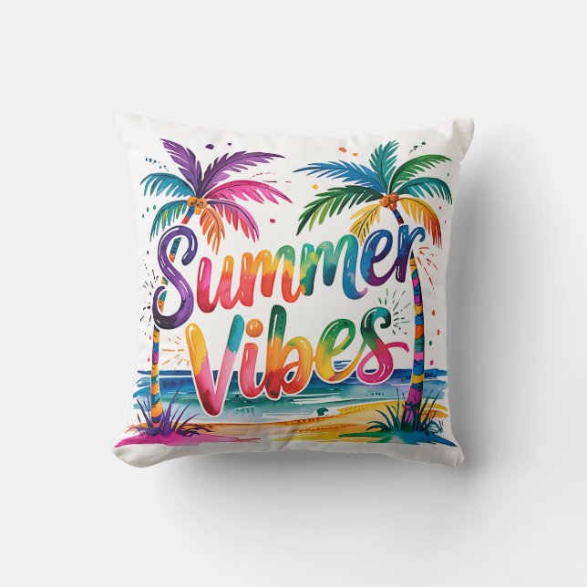 Sommar Vibes Tropical Handflatan Träd & Ocean Suns Kudde (Framsida)