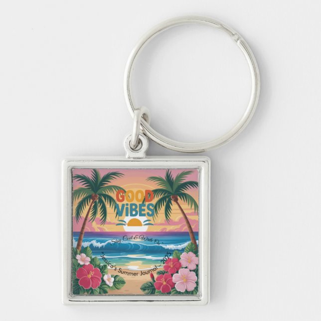 Sommar Vibes Tropical Notebook Fyrkantig Silverfärgad Nyckelring (Framsidan)